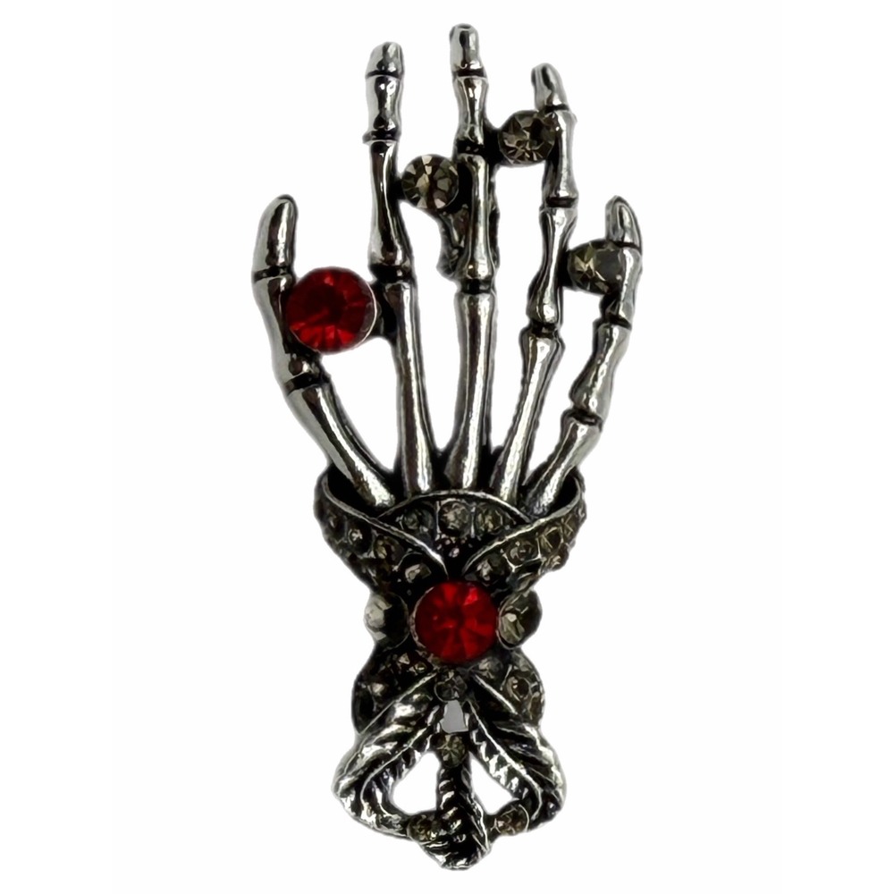 Skeleton Hand Brooch Red Rhinestone Gothic Silver Tone Skull Bone Pin Accessory